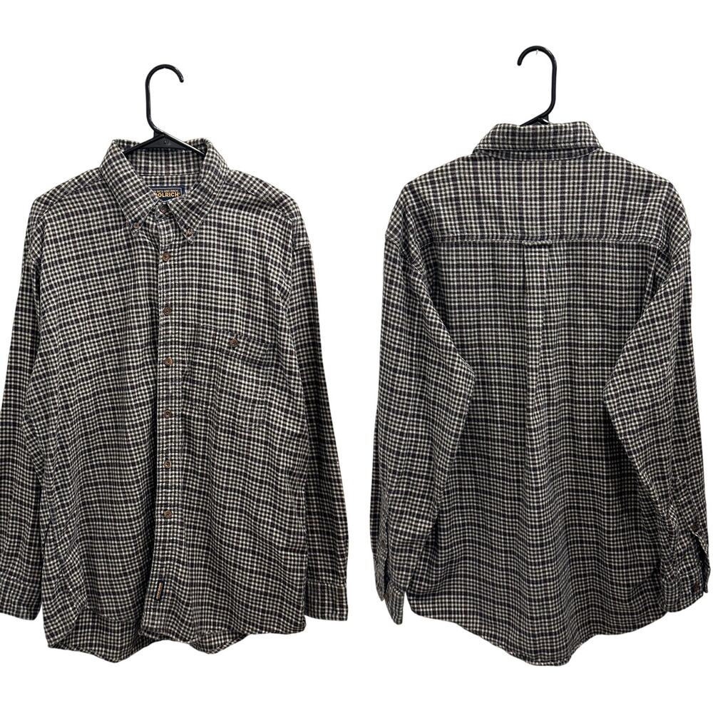 Vintage 90s Woolrich Black Cream Plaid Button Down Flannel Shirt Rustic Heritage